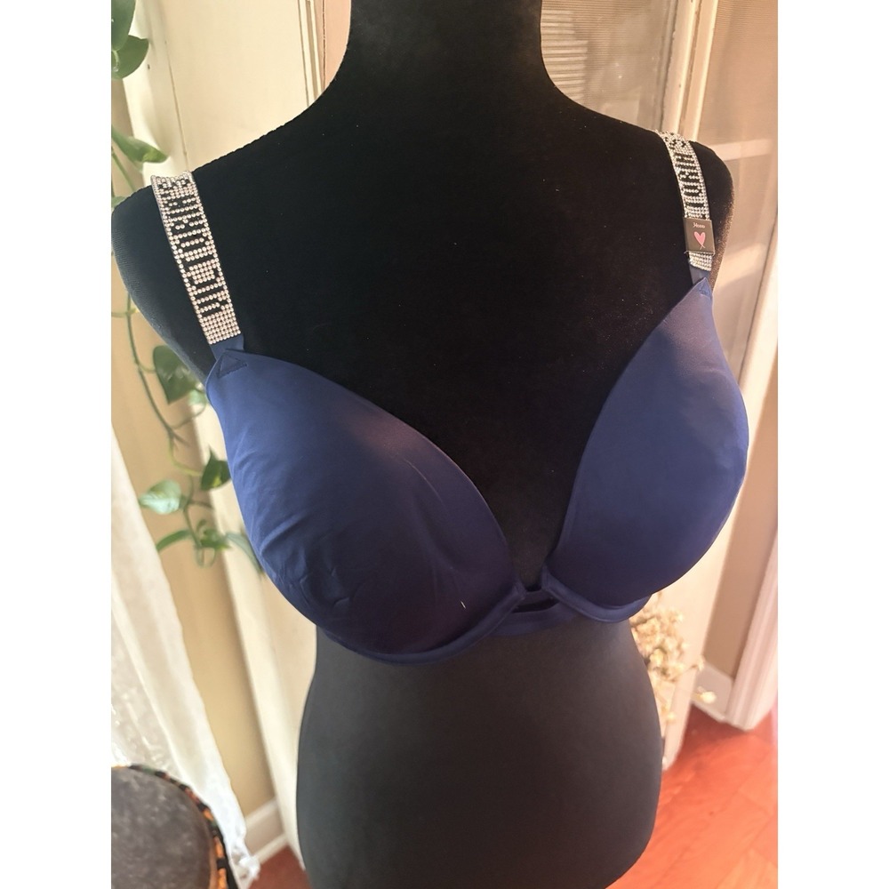NWT Victoria's Secret 34DDD Very Sexy Shine Strap Push Up Bra Navy Rhinestone